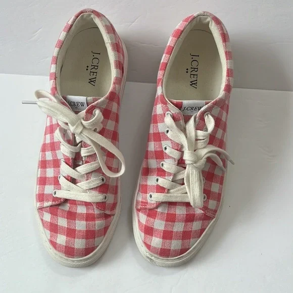 J. Crew Canvas Sneaker Gingham Plaid Pink and White size 7 - Picture 4 of 9